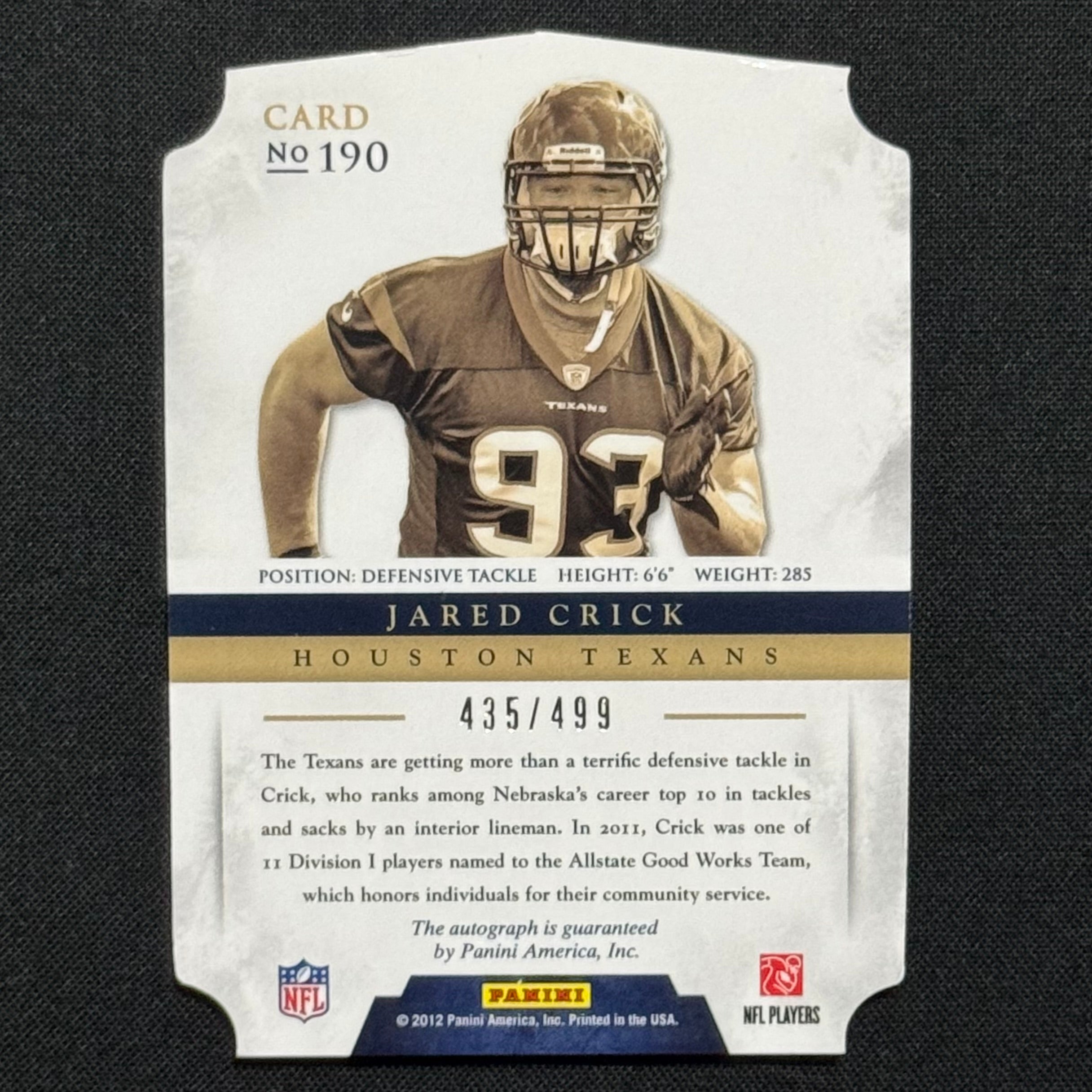 Jared Crick 2012 Panini Prominence Football Die Cut #190 RC Auto #/499