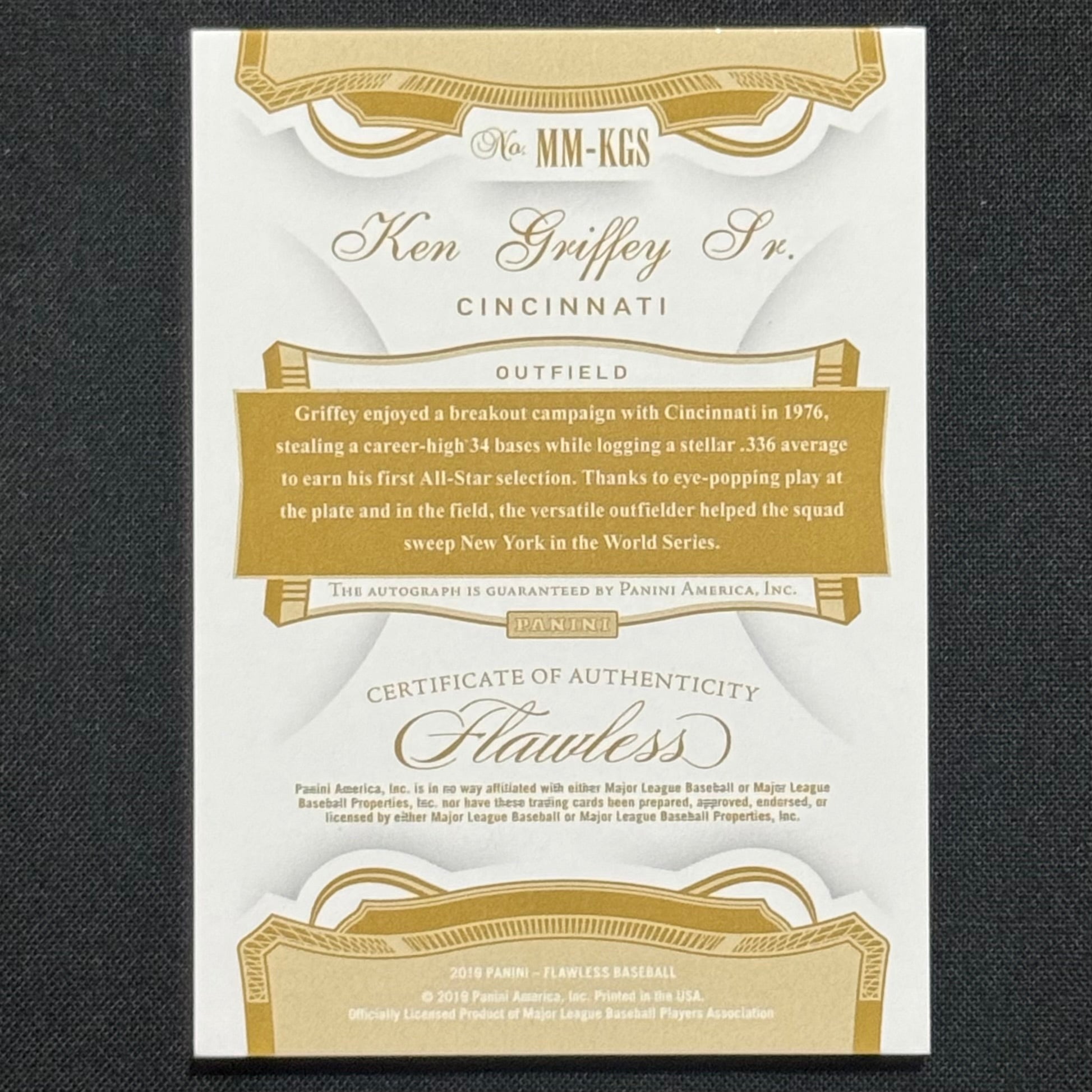 Ken Griffey Sr. 2019 Panini Flawless Gold Memorable Marks #MM-KGS Auto #/10
