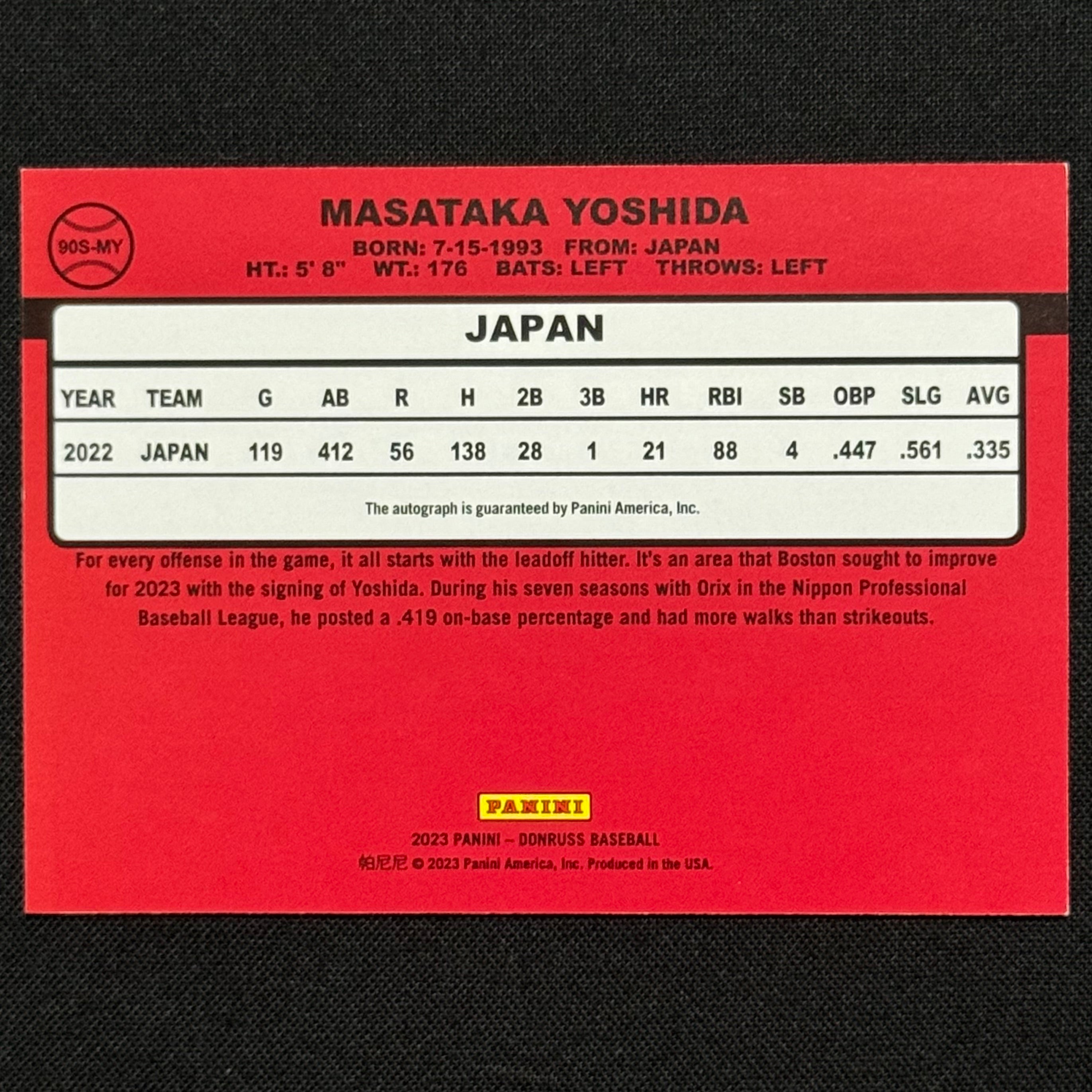 Masataka Yoshida 2023 Donruss Retro 1990 Signatures #90S-MY RC Auto