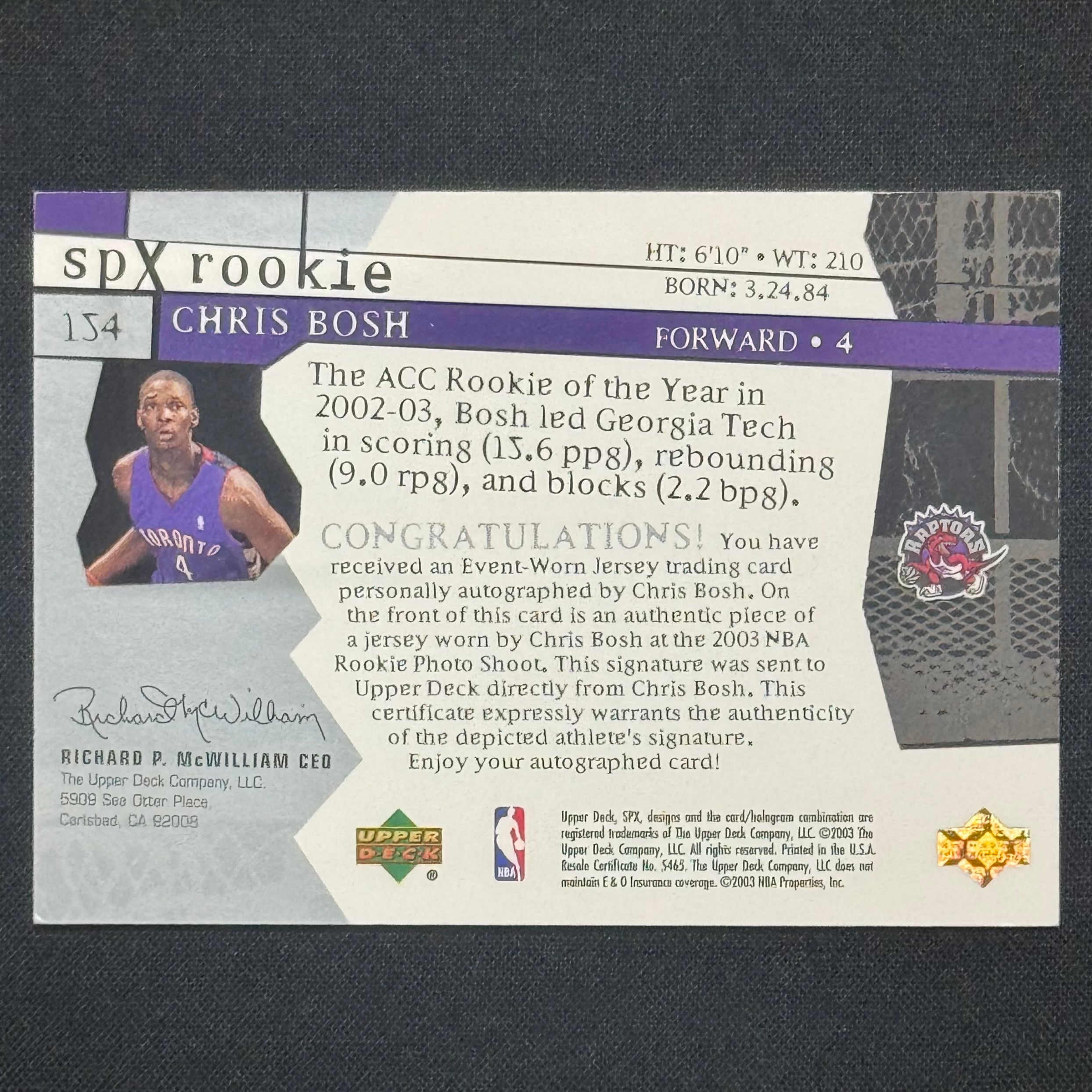 Chris Bosh 2003 Upper Deck SPX Rookie #154 RC Auto #/750