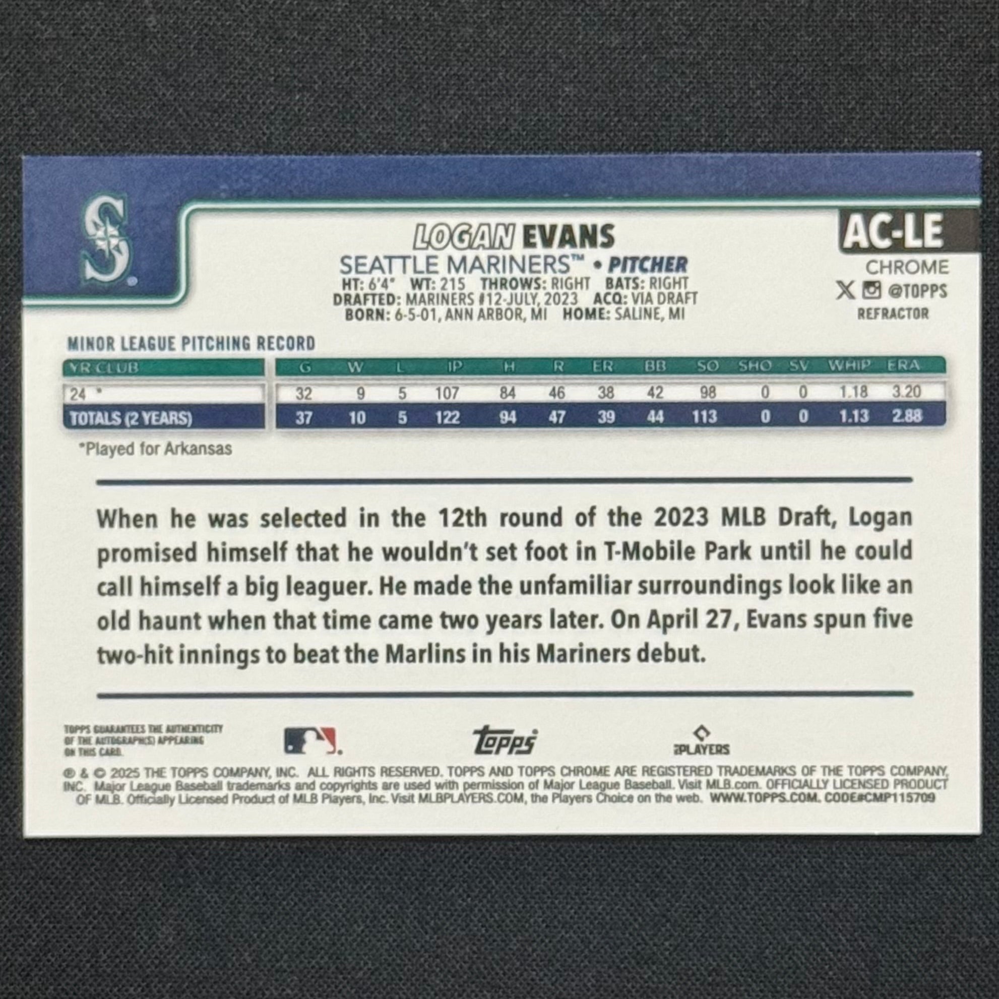 Logan Evans 2025 Topps Chrome Update Refractor #AC-LE RC Auto #/499