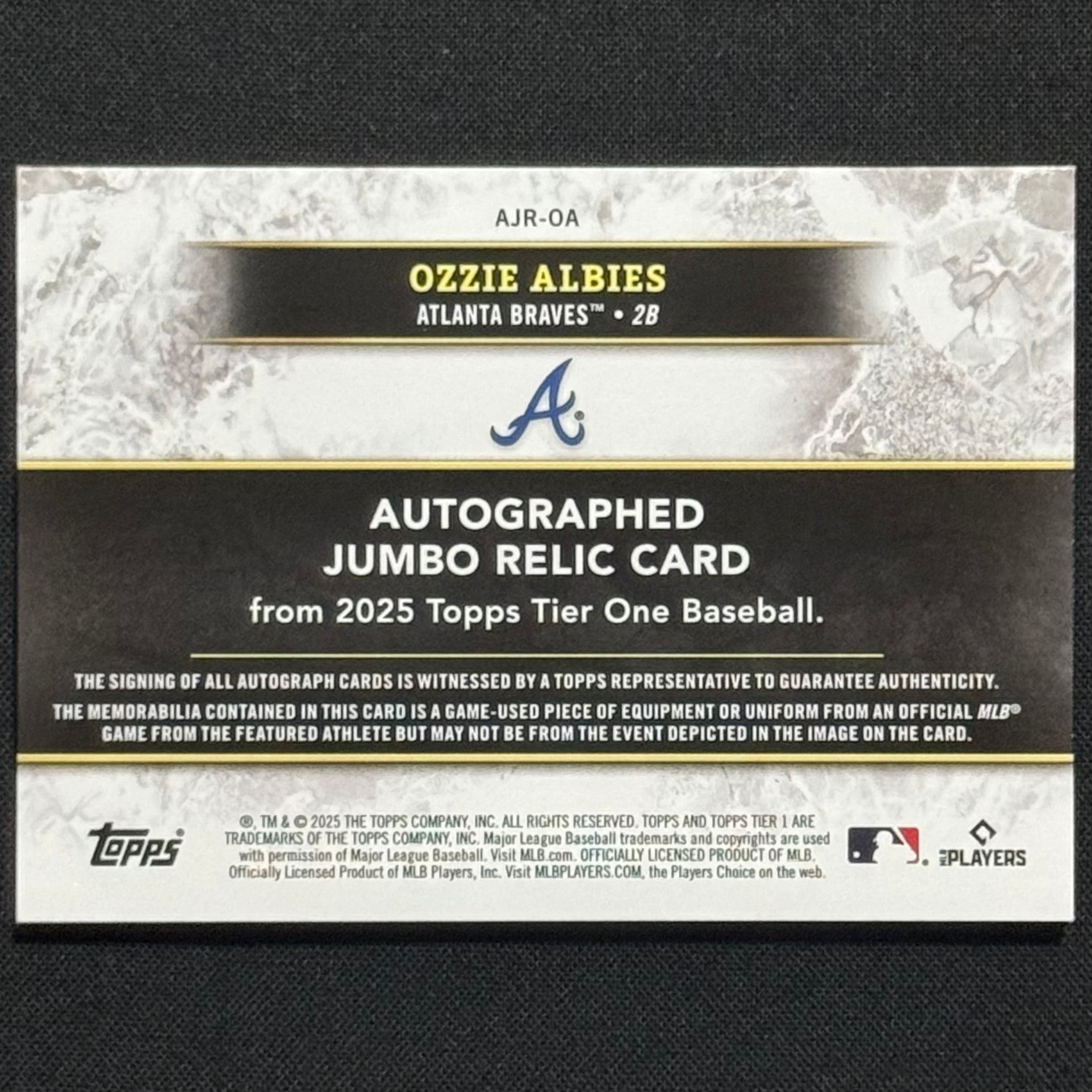 Ozzie Albies 2025 Topps Tier One Relic  #AJR-OA Auto Patch #/199