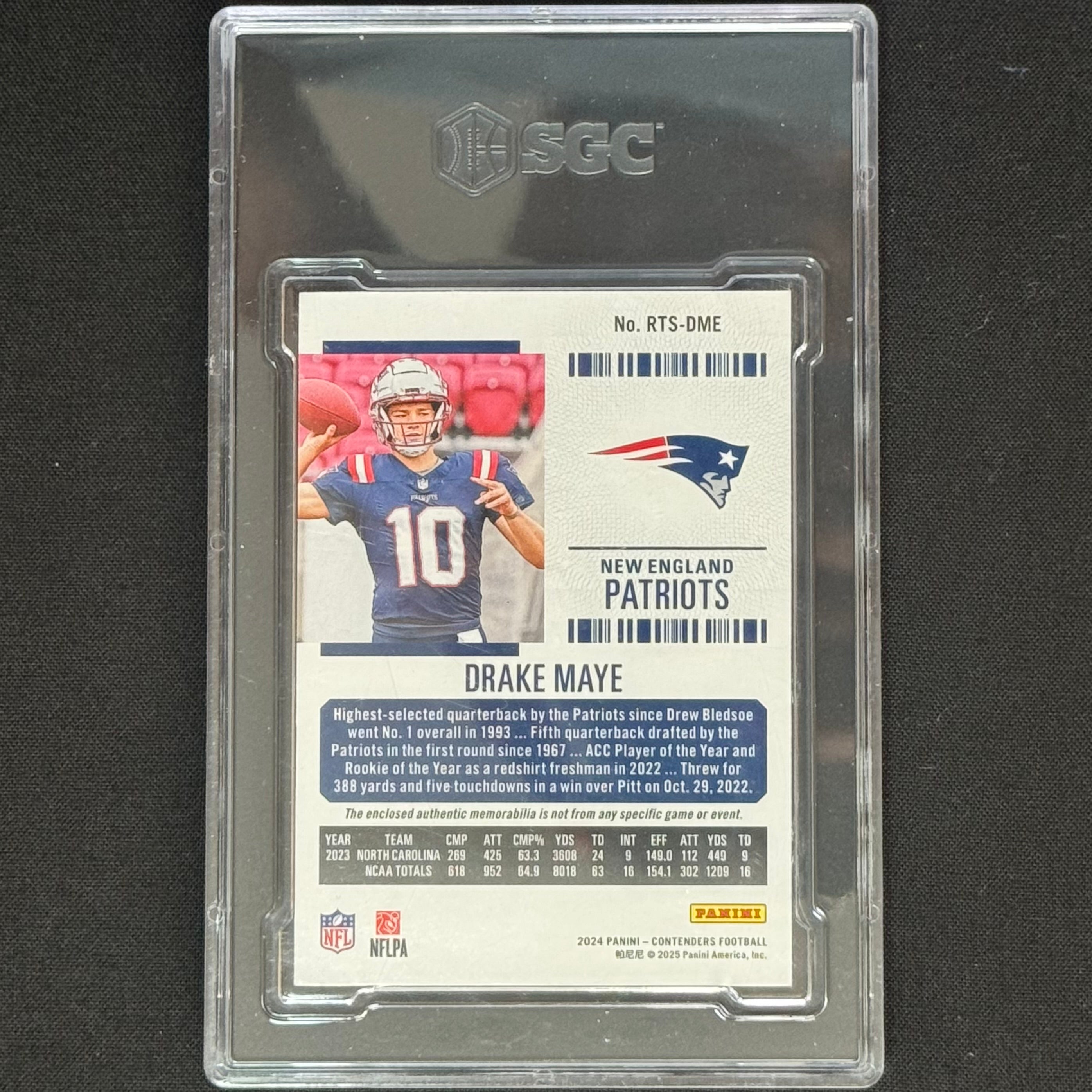 Drake Maye 2024 Panini Contenders Rookie Ticket #RTS-DME RC Patch (SGC 9)