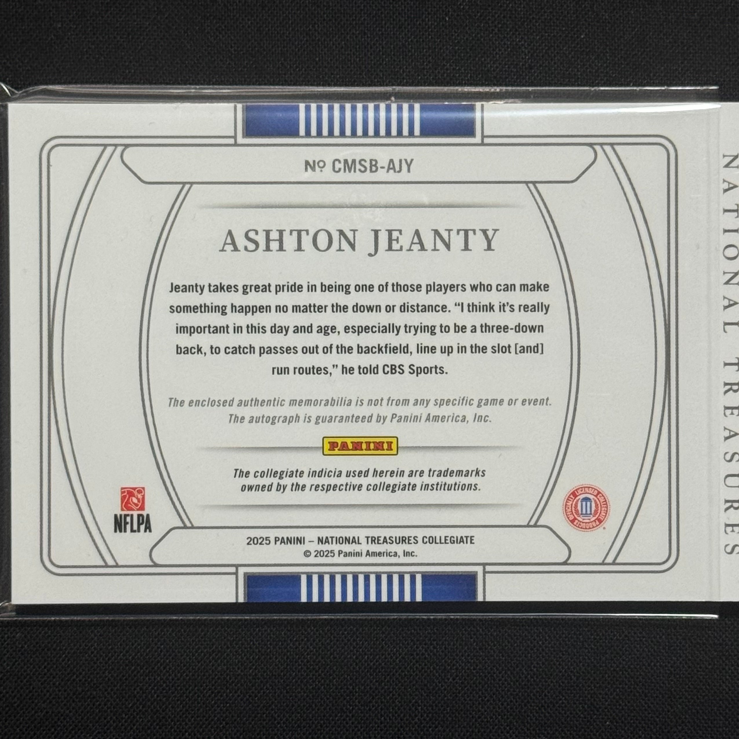 Ashton Jeanty 2025 Panini National Treasures Collegiate Booklet #CMSB-AJY RPA #/99