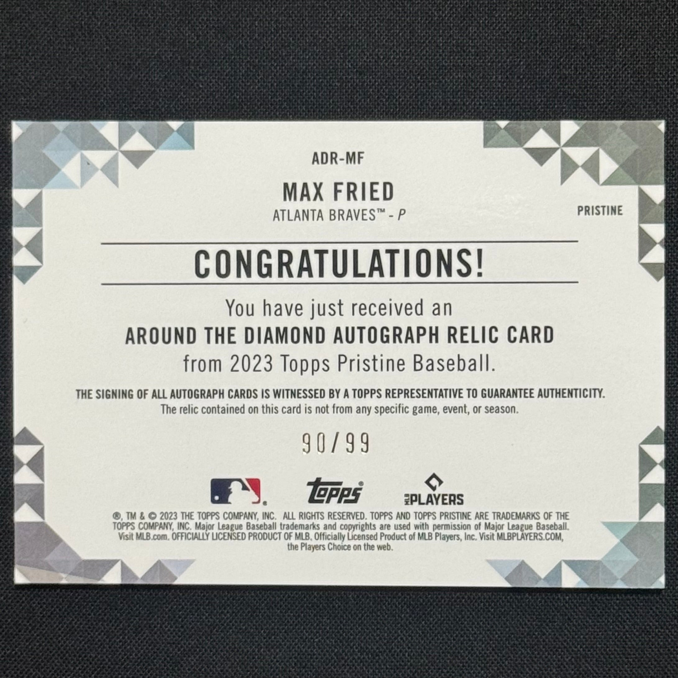 Max Fried 2023 Topps Around The Diamond #ADR-MF Patch Auto #/99