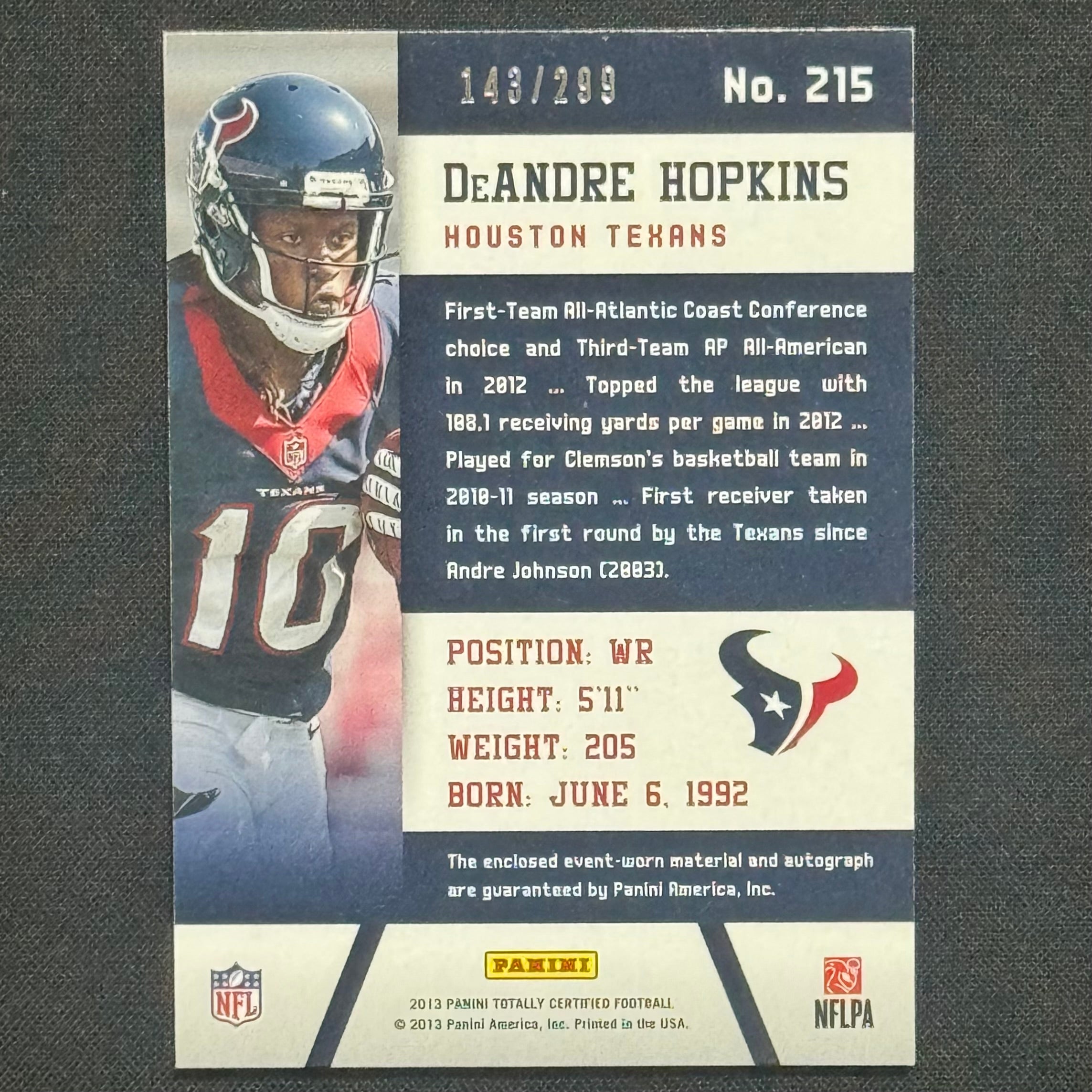 Deandre Hopkins 2013 Panini Totally Certified Football #215 RPA #/299