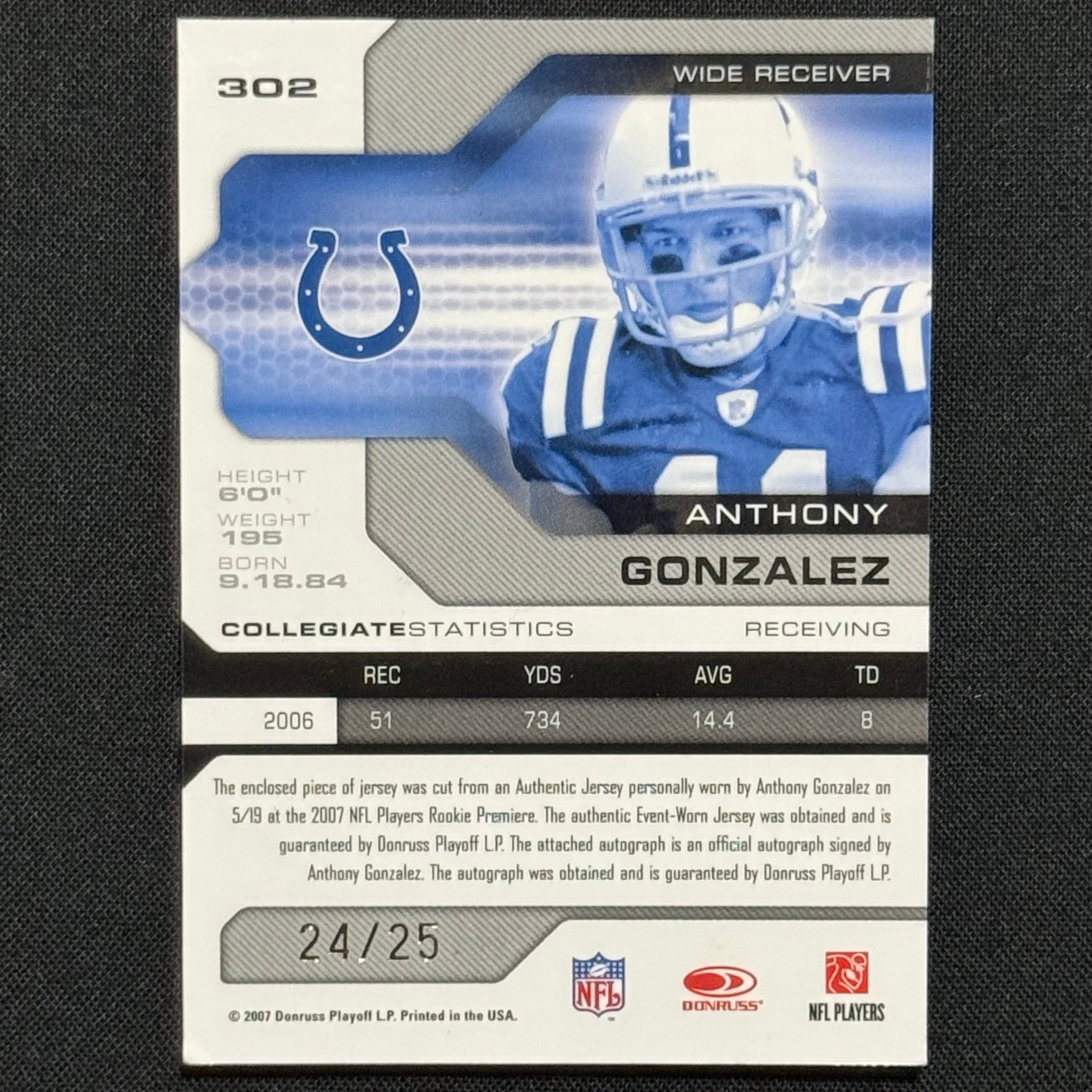 Anthony Gonzalez 2007 Donruss Leaf Limited College Phenoms #302 RPA #/25