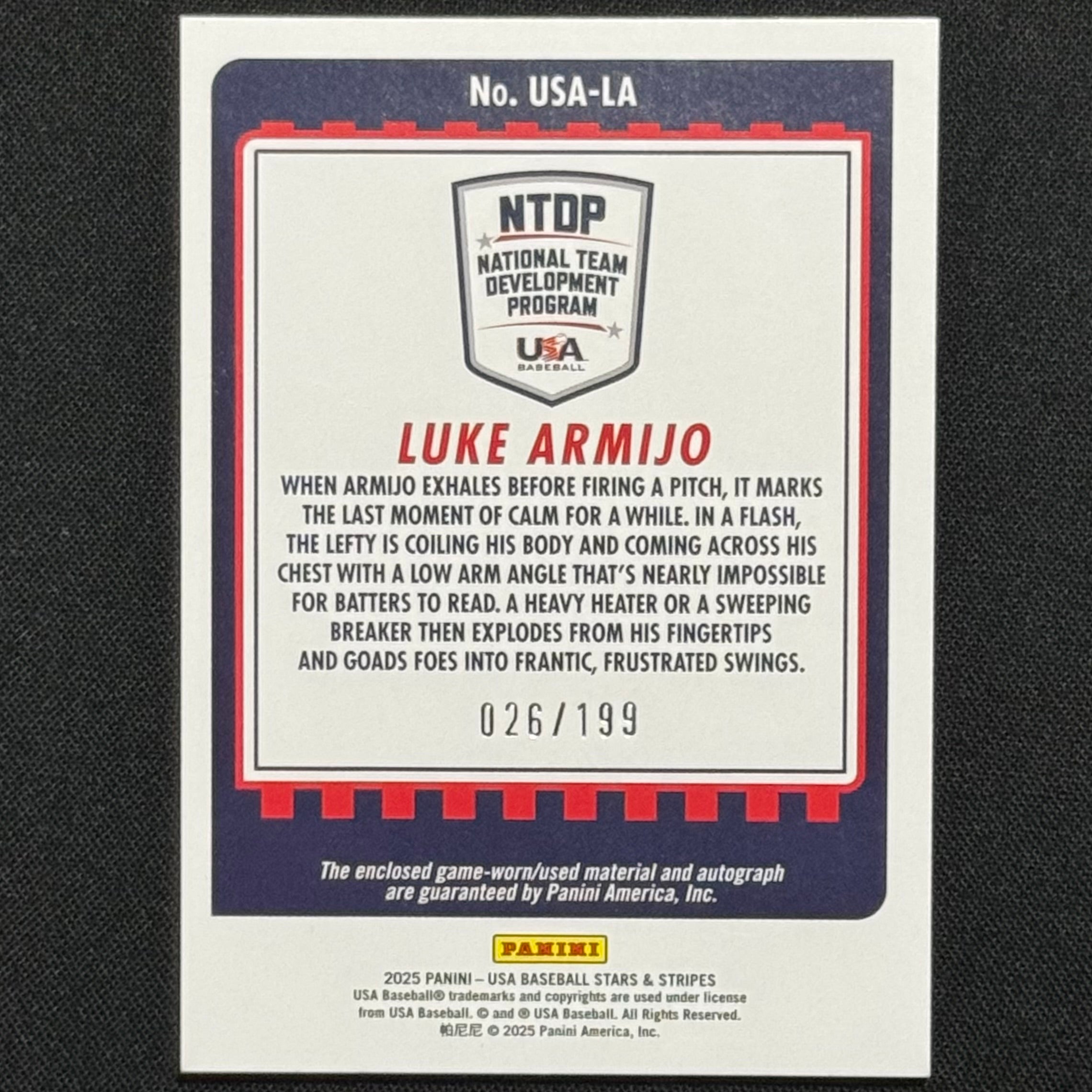 Luke Armijo 2025 Panini USA Stars & Stripes Silhouettes #USA-LA Patch Auto #/199
