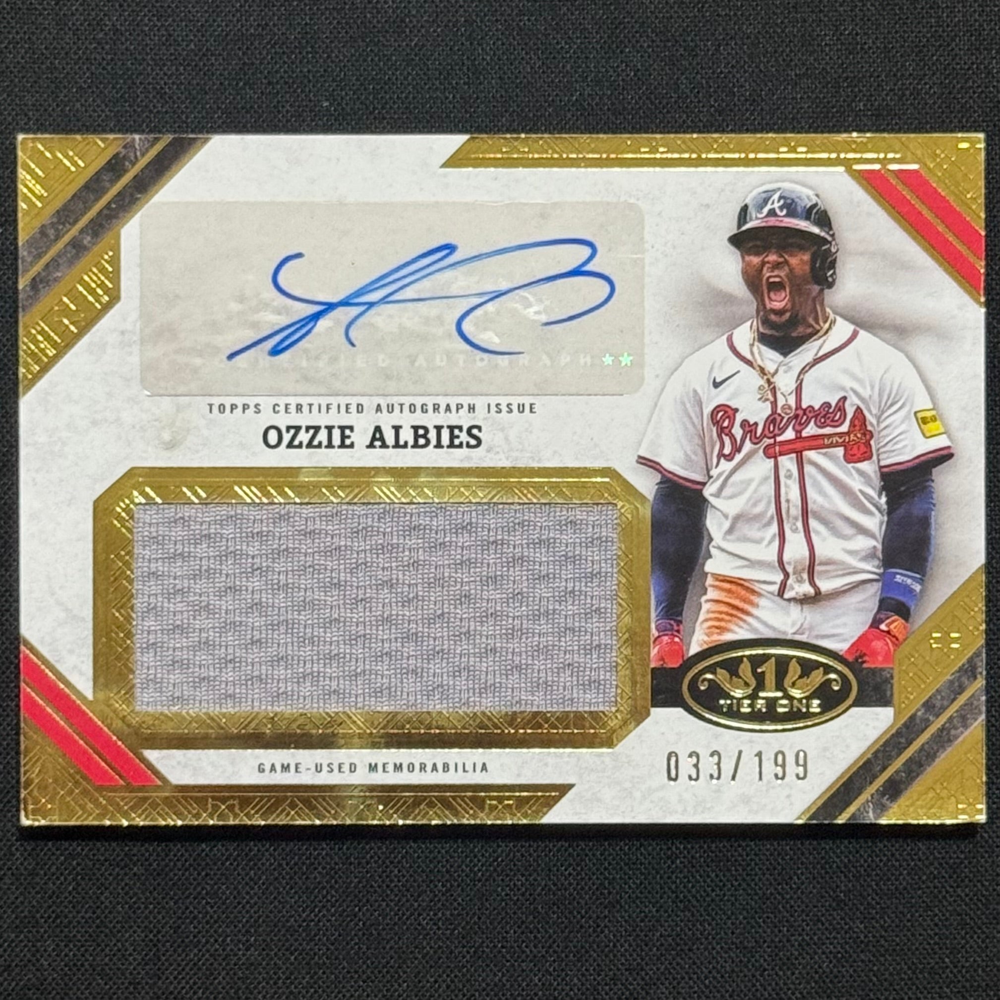 Ozzie Albies 2025 Topps Tier One Relic  #AJR-OA Auto Patch #/199