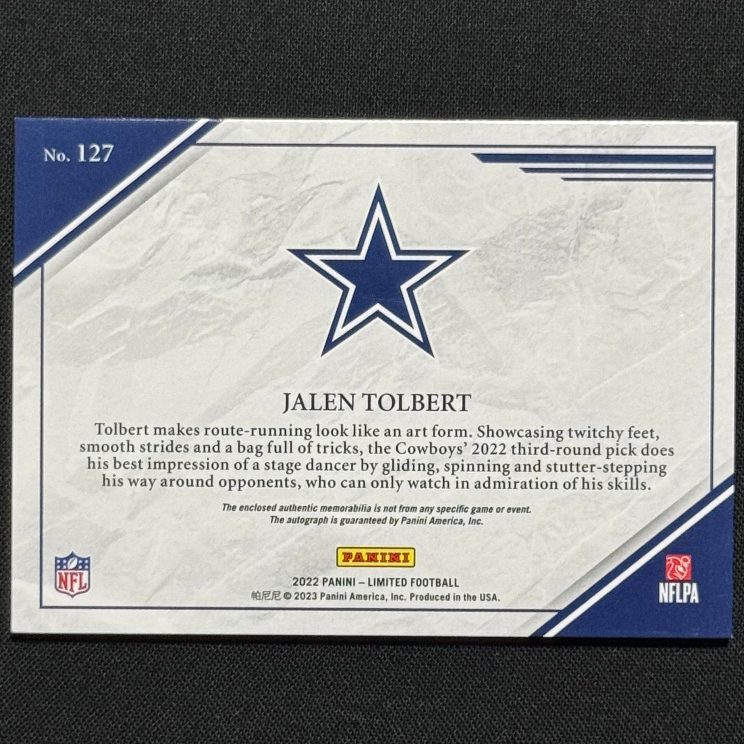 Jalen Tolbert 2022 Panini Limited Holographic Spotlight #127 RAP #/29