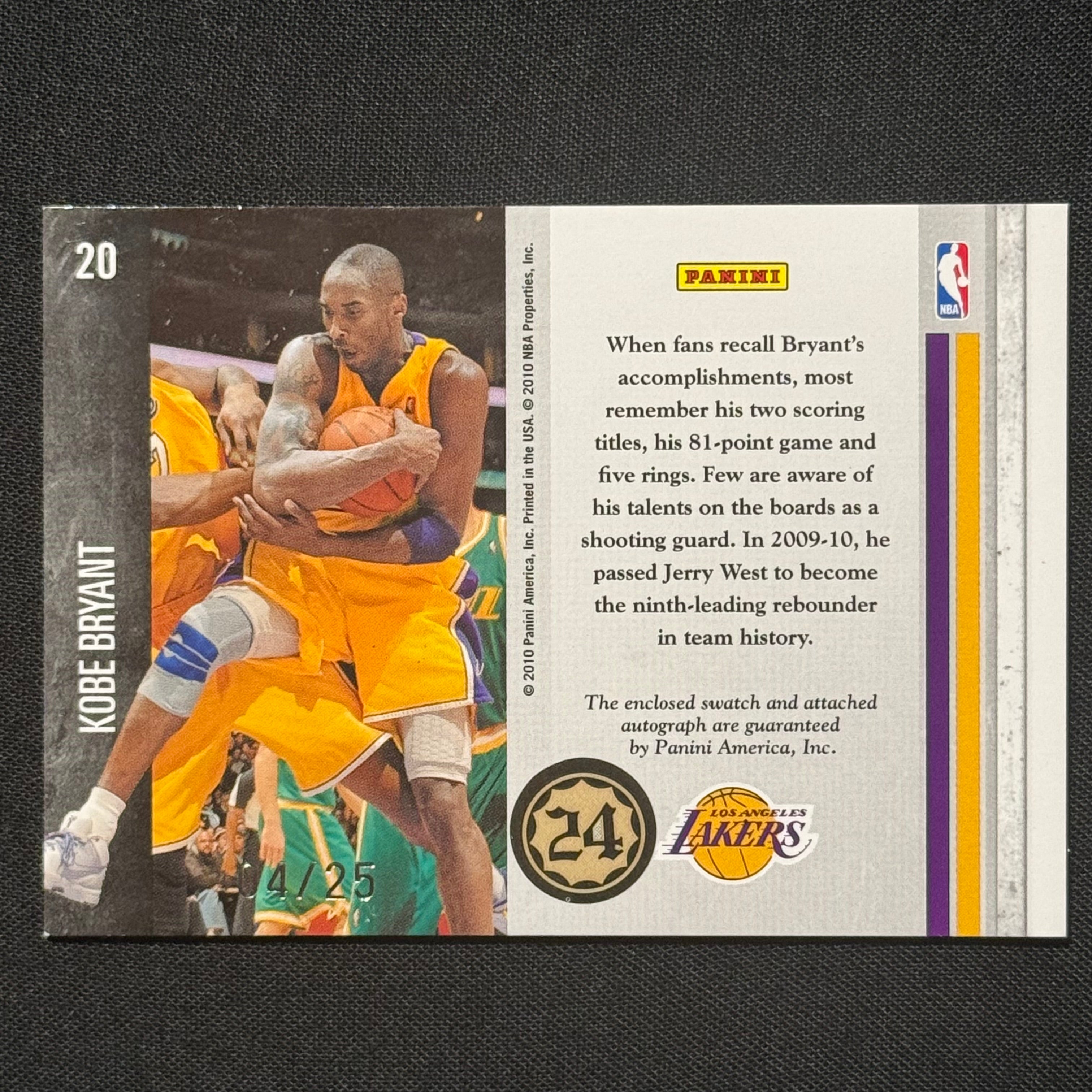 Kobe Bryant 2010-11 Panini Limited Glass Cleaners Materials Signatures #20 #04/25
