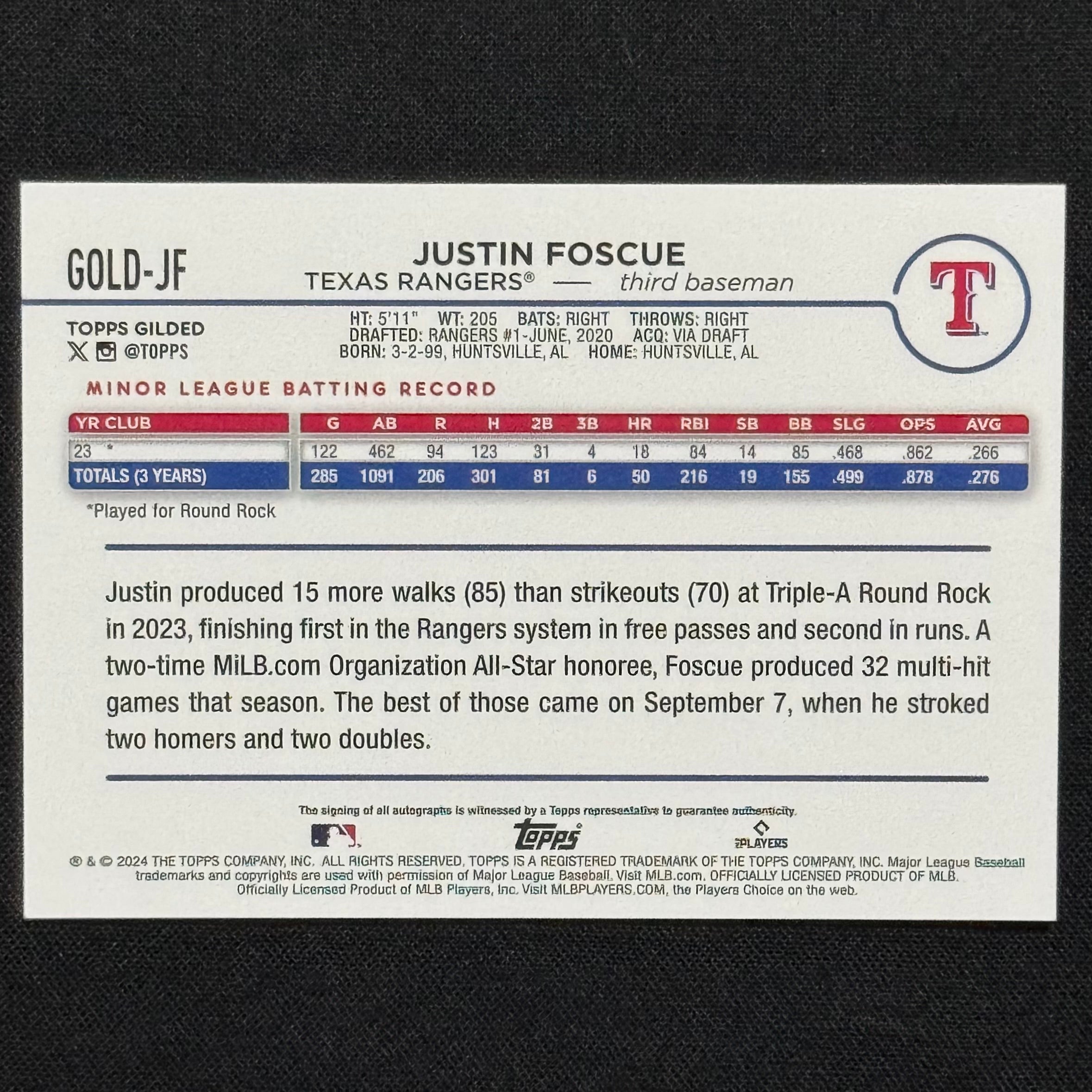 Justin Foscue 2024 Topps Chrome Gold #GOLD-JF RC Auto #/199