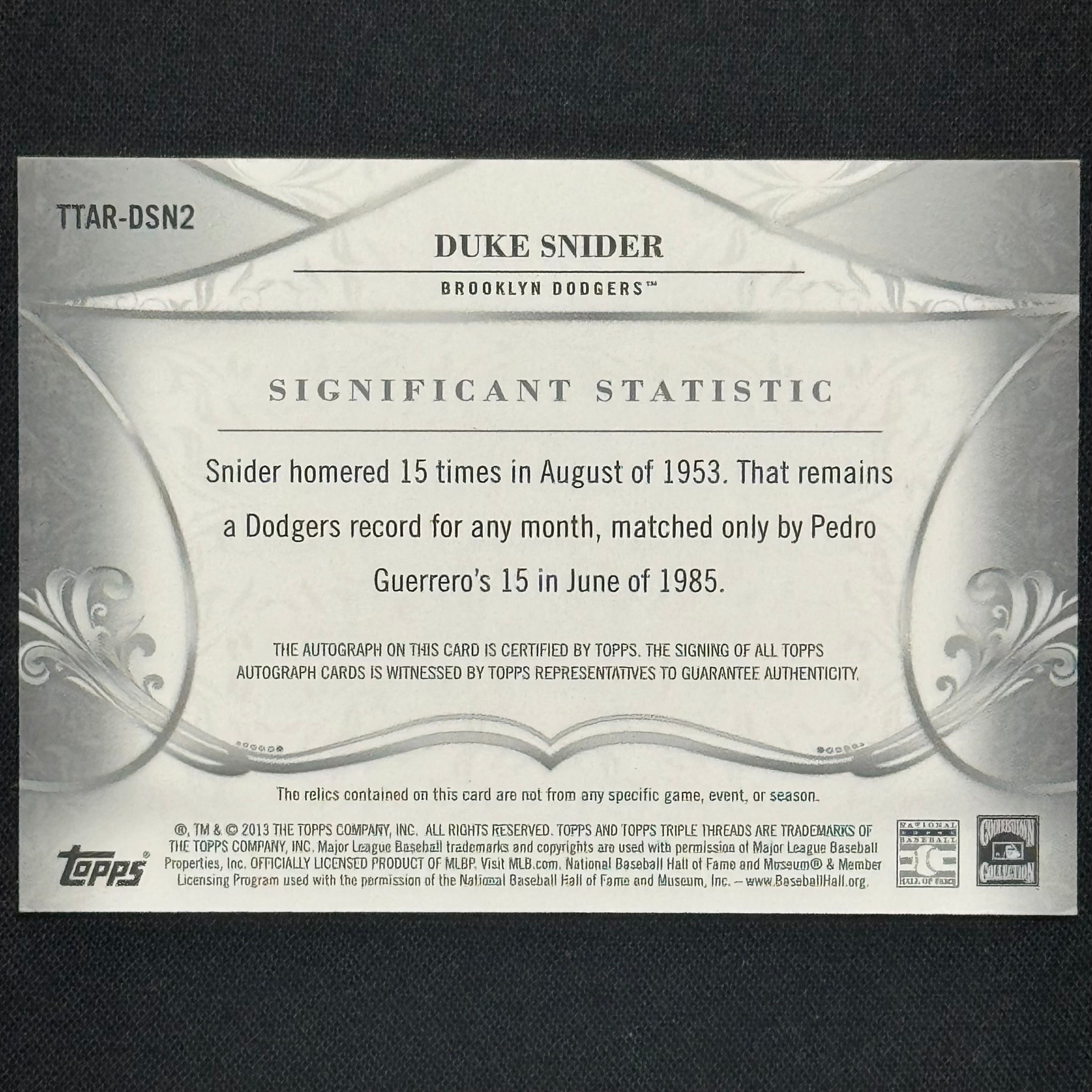 Duke Snyder 2013 Topps Triple Threads #TTAR-DSN2 Relic Auto #/18