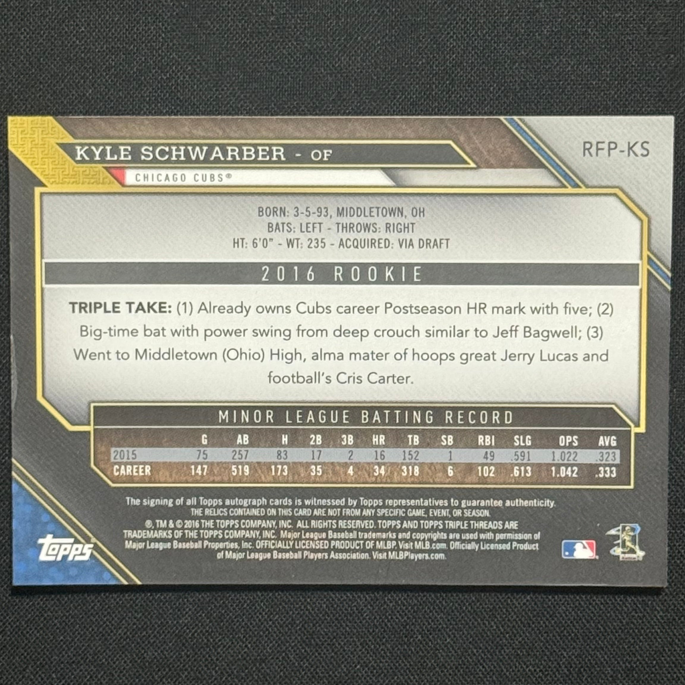 Kyle Schwarber 2016 Topps Triple Threads Rookie Future Phenoms #RFP-KS RPA #/99