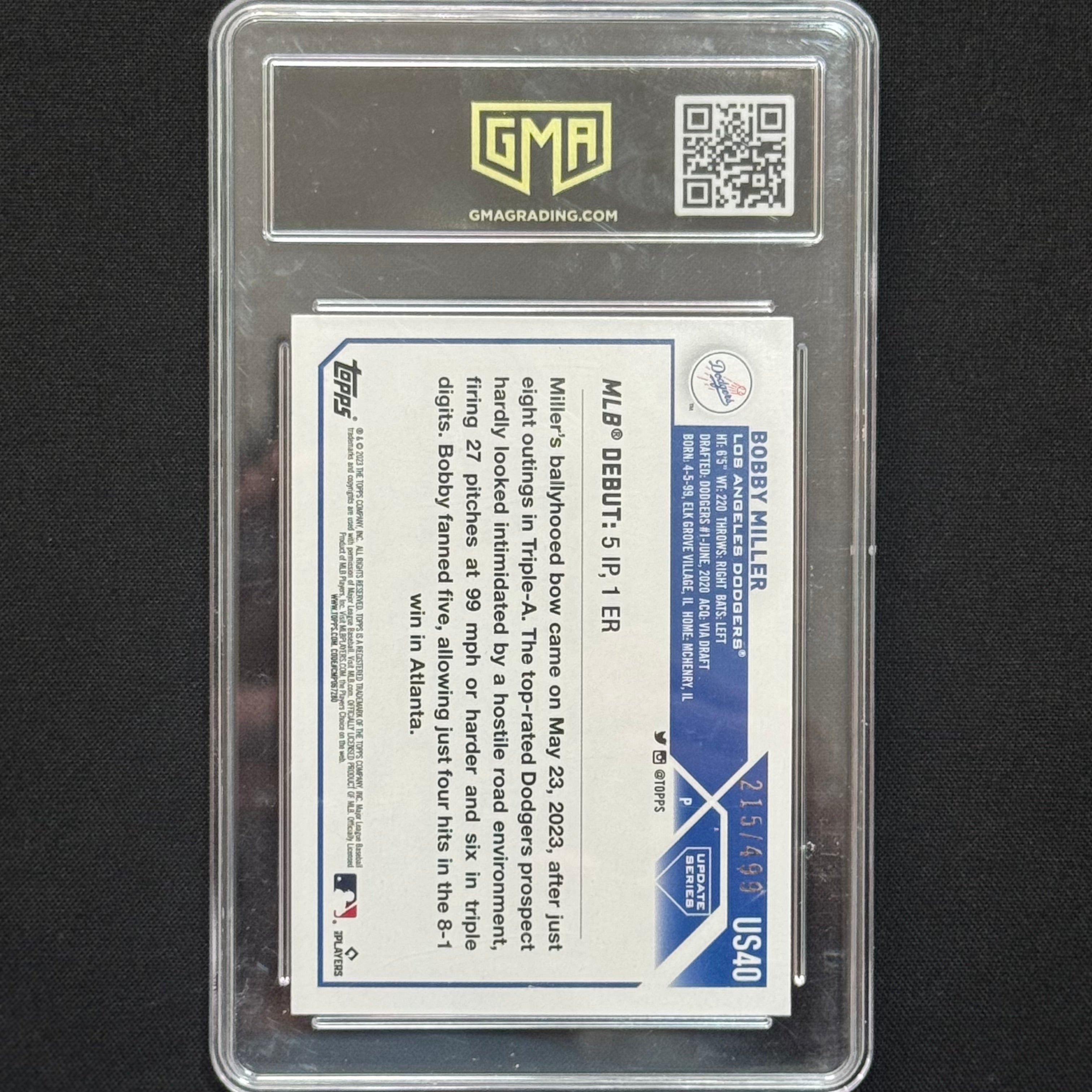 Bobby Miller 2023 Topps Update Green Foil #US40 RC #/499 (GMA 10)