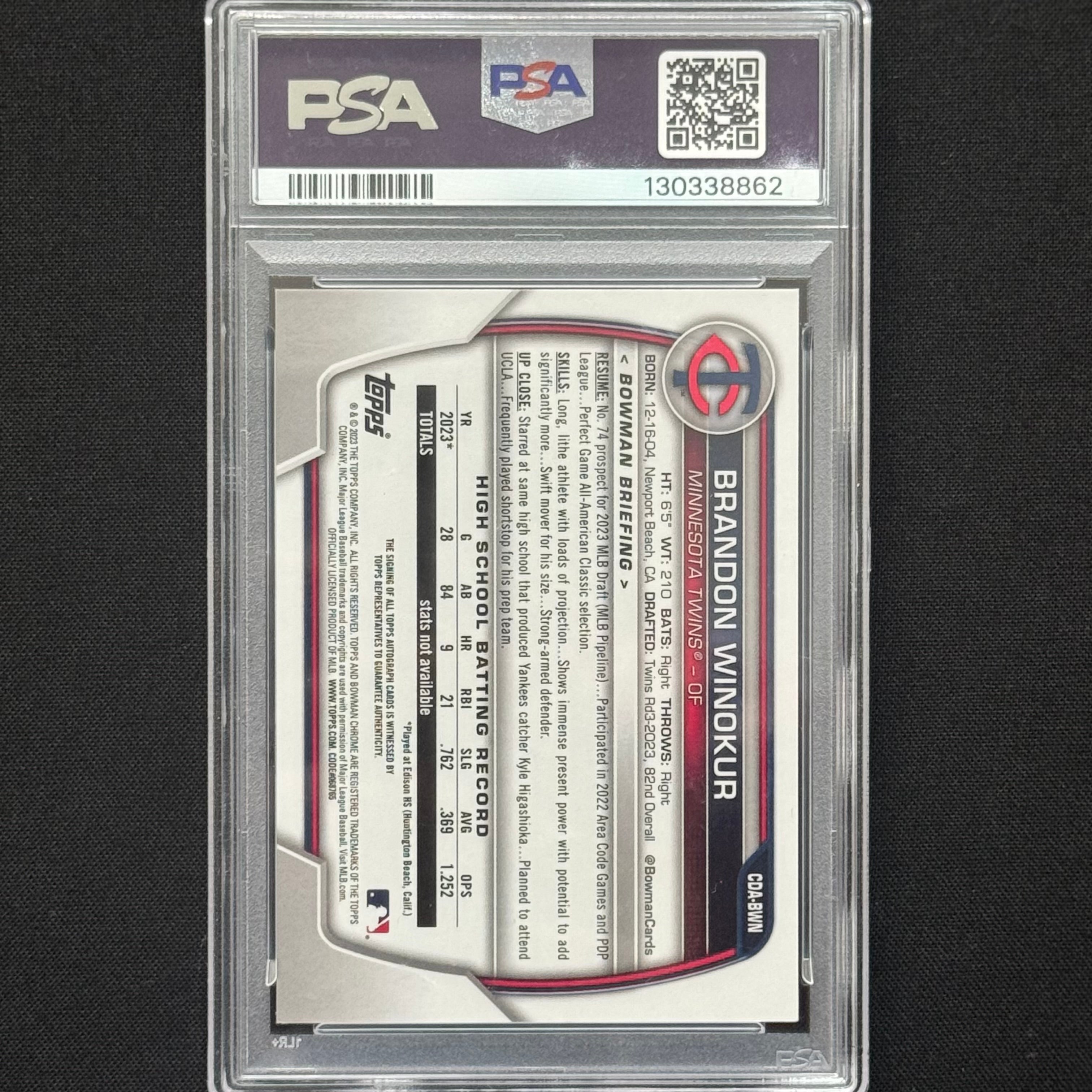 Brandnon Winokur 2023 Bowman Chrome #CDA-BWN Auto (PSA 9)