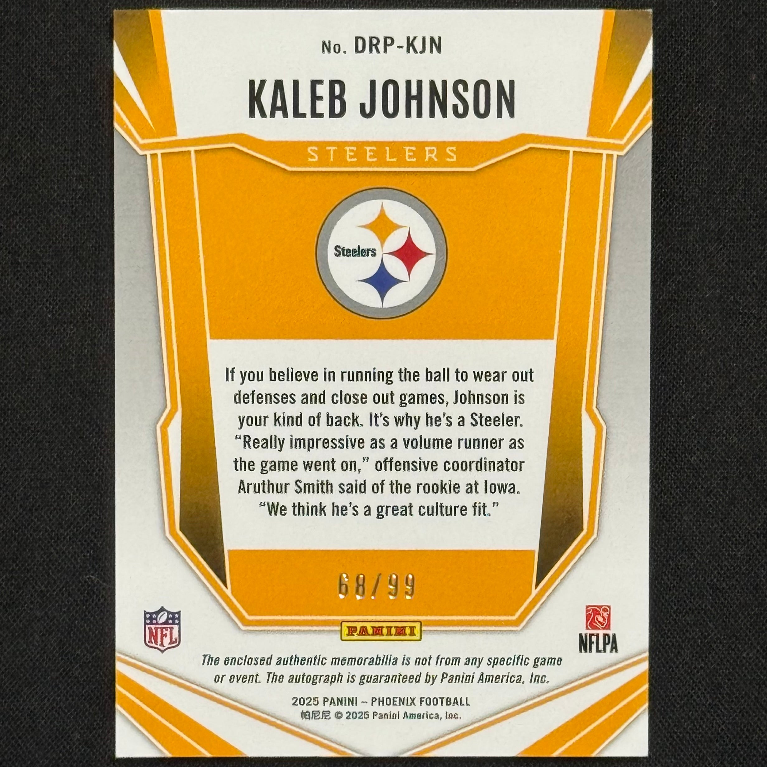 Kaleb Johnson 2025 Panini Phoenix #DRP-KJN RPA #/99