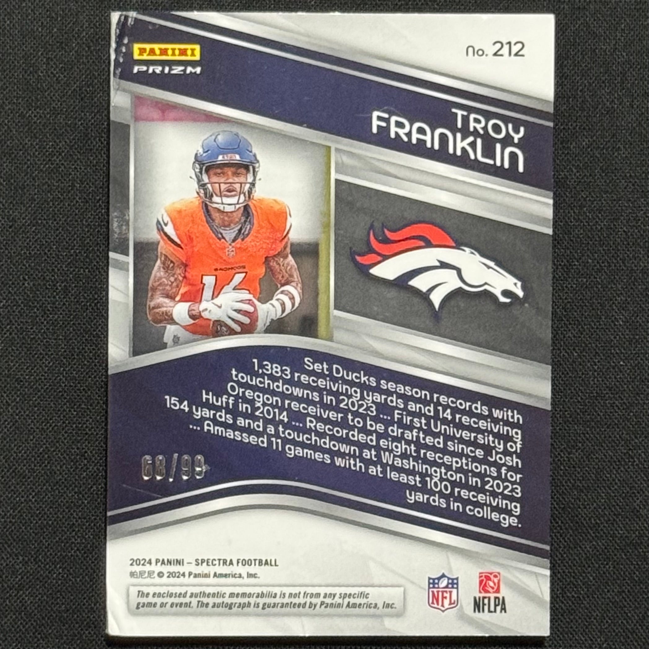 Troy Franklin 2024 Panini Spectra Prizm #212 RPA #/99