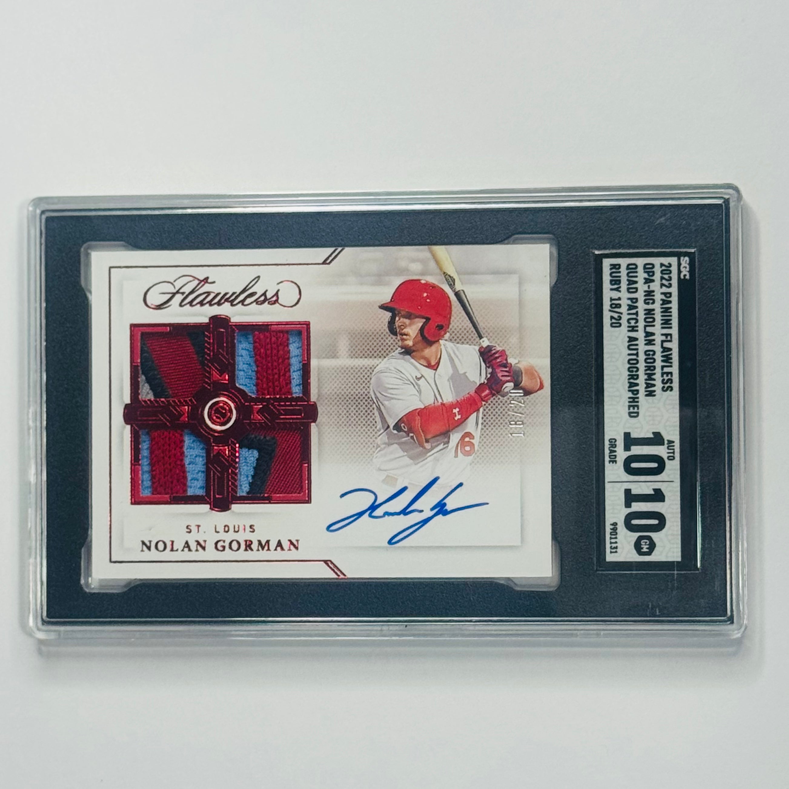 2022 Nolan Gorman- Panini Flawless Quad-Patch Auto RC #18/20 #QPA-NG