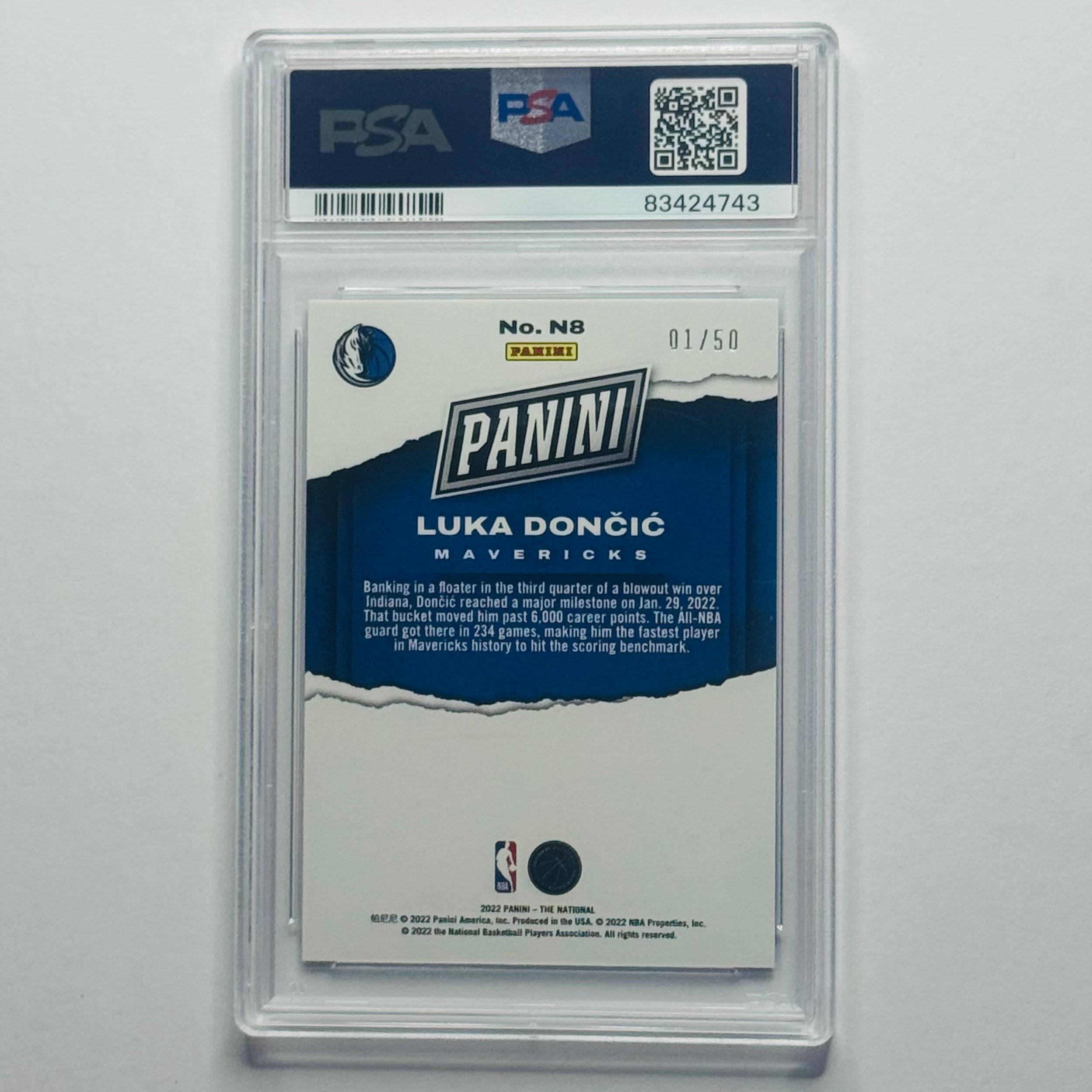 2022 Luka Doncic- Panini Insert National Blue #1/50 #N8 (PSA 10)