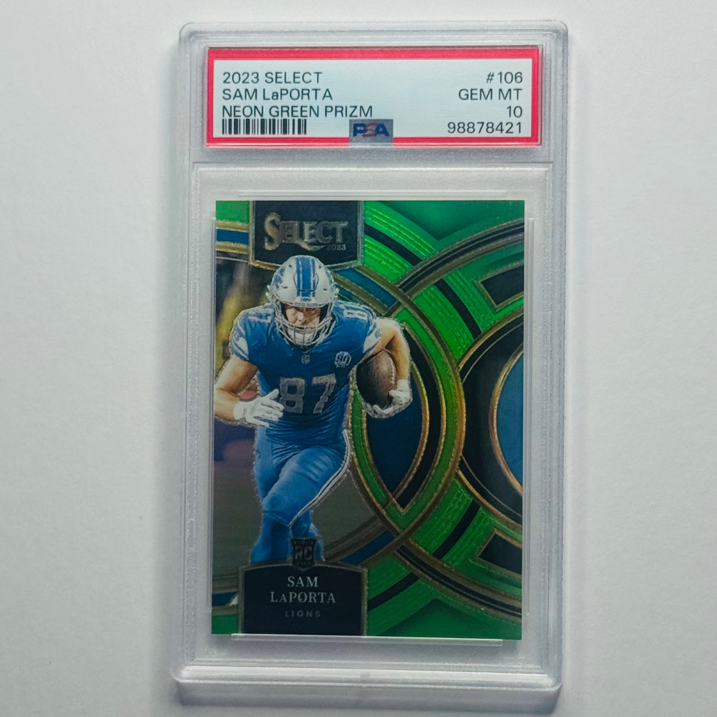 2023 Sam LaPorta- Panini Neon Green Prizm RC #106 (PSA 10)