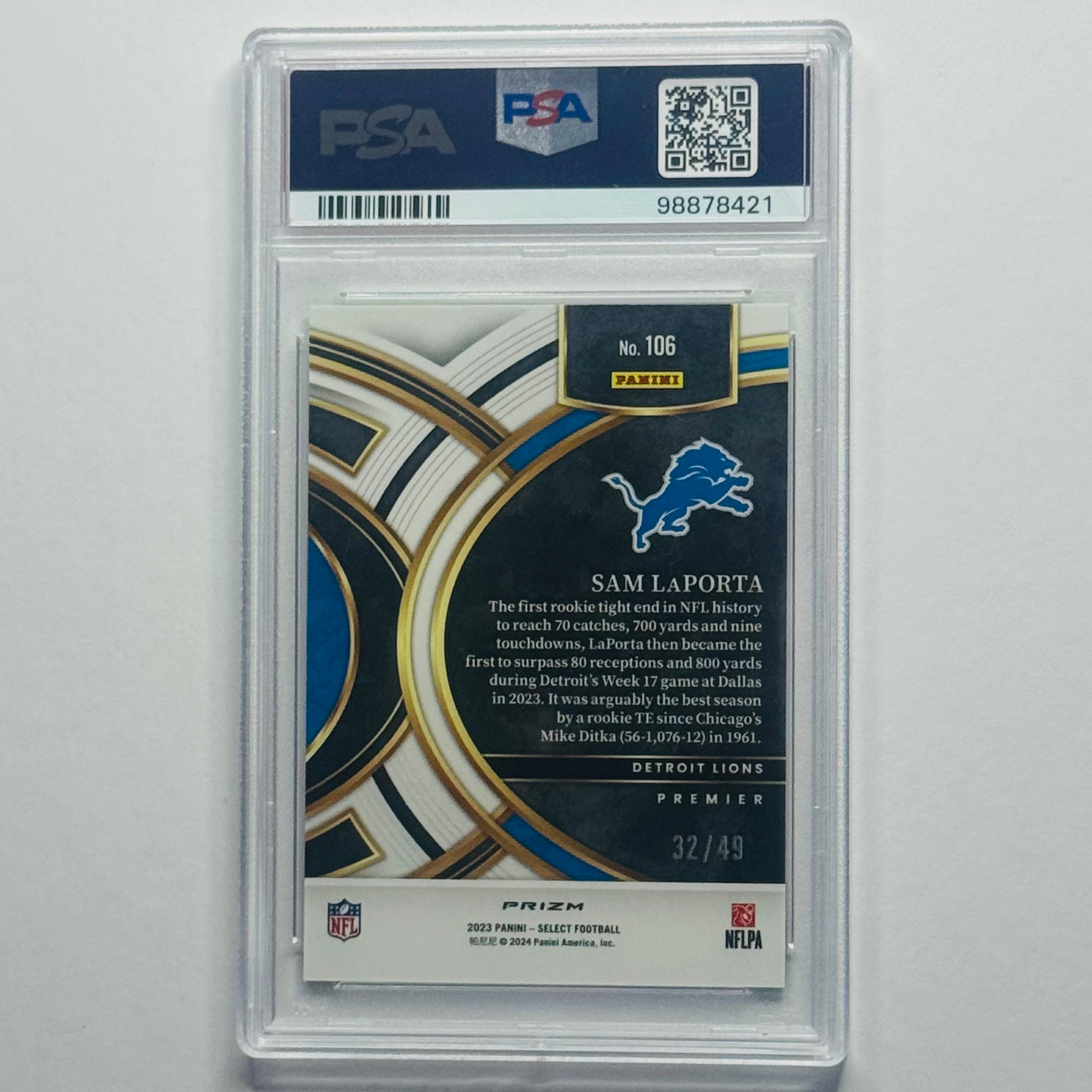 2023 Sam LaPorta- Panini Neon Green Prizm RC #106 (PSA 10)